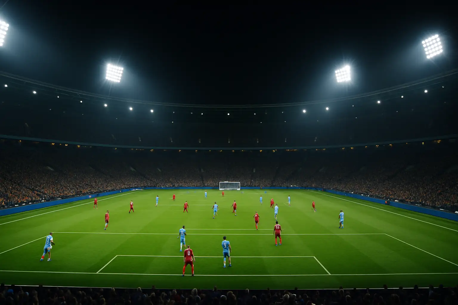 Football players in action on a green pitch with stadium lights overhead