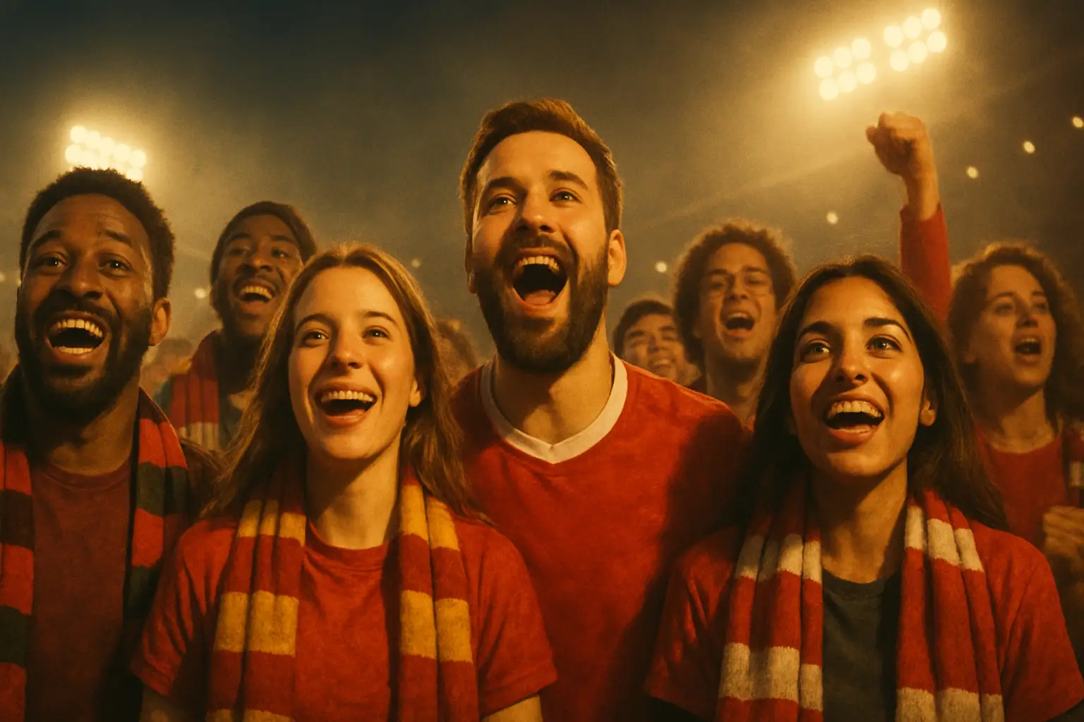 Fans gathered together under floodlights on a football night, united by the sport