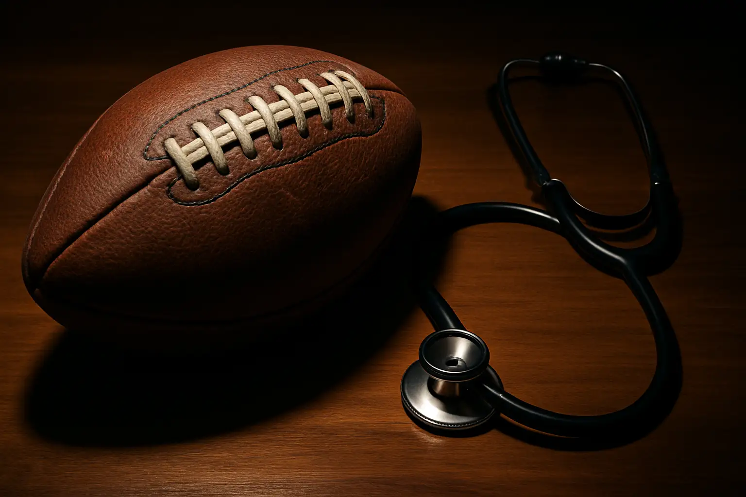 A football resting on a courtroom-style wooden surface beside a stethoscope