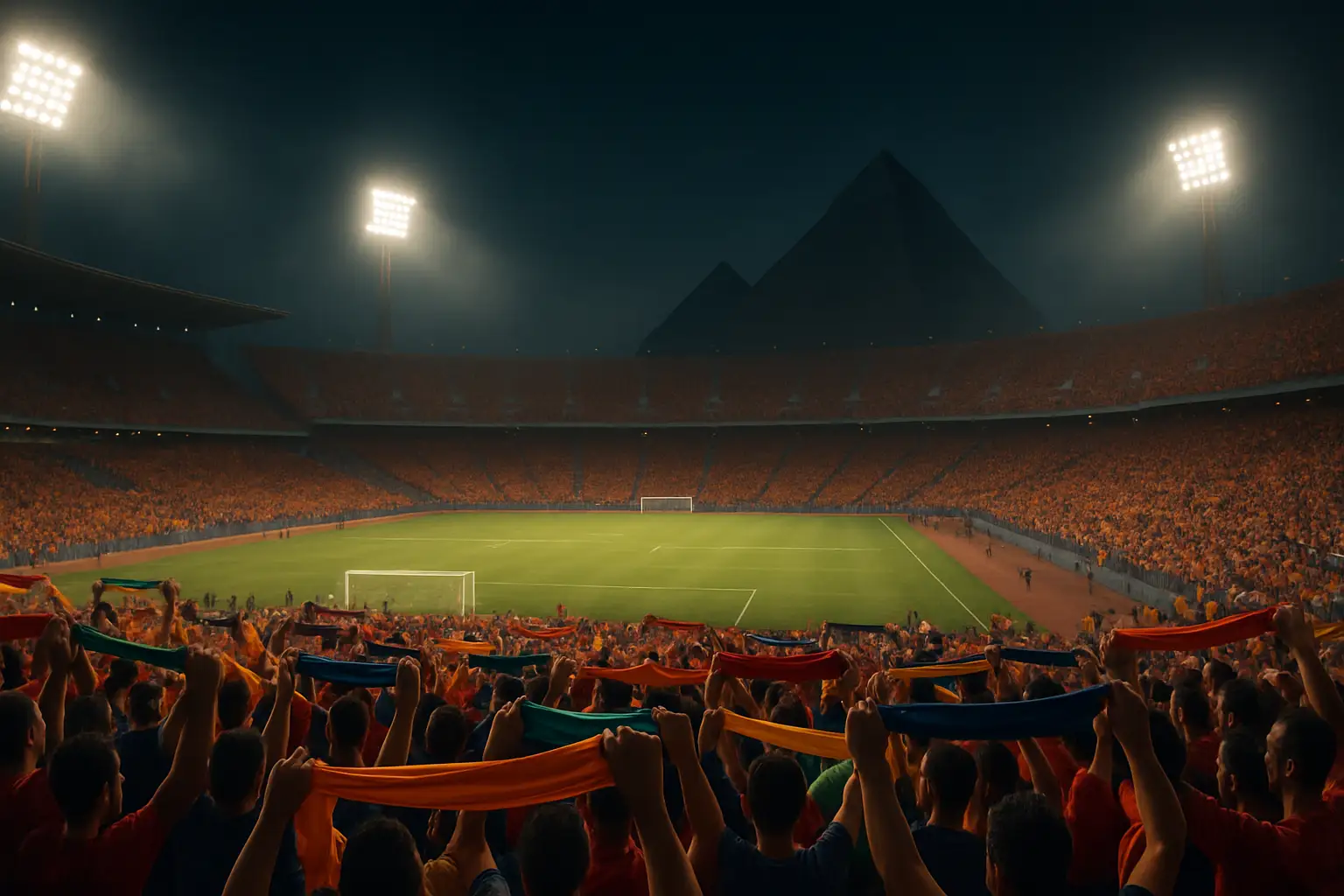 A packed Egyptian football stadium with fans holding scarves under floodlights at night