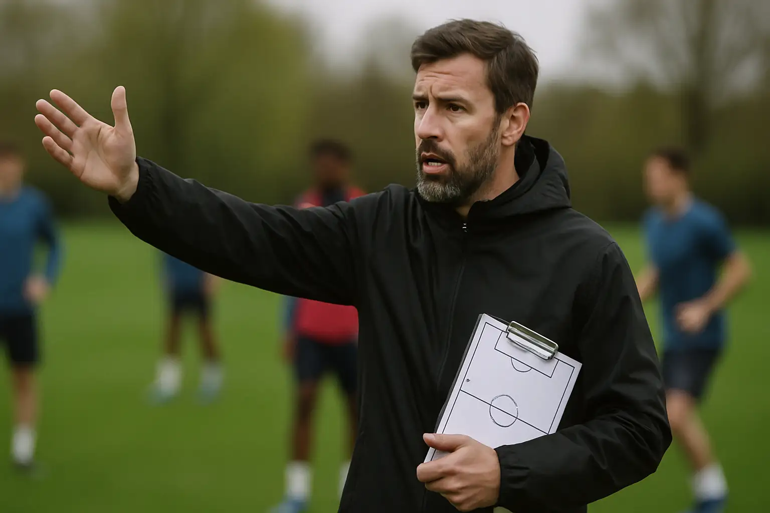 A football coach giving tactical instructions on a training pitch with players in the background