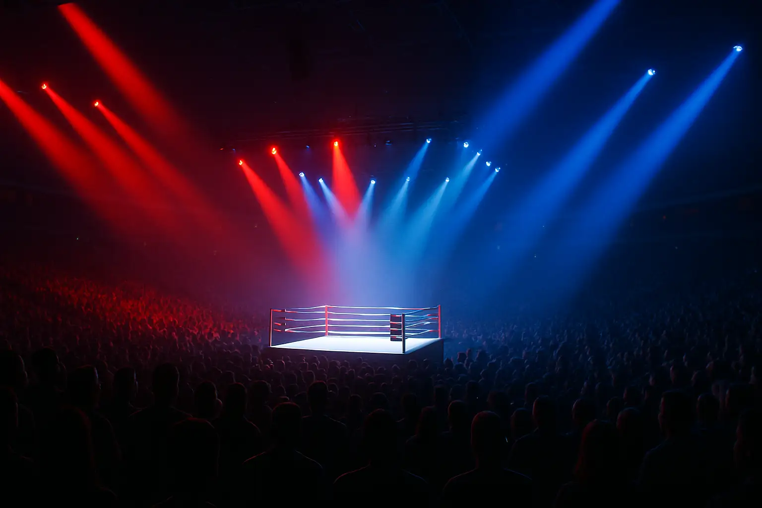 A wrestling arena stage lit up with dramatic lighting ahead of a major pay-per-view event
