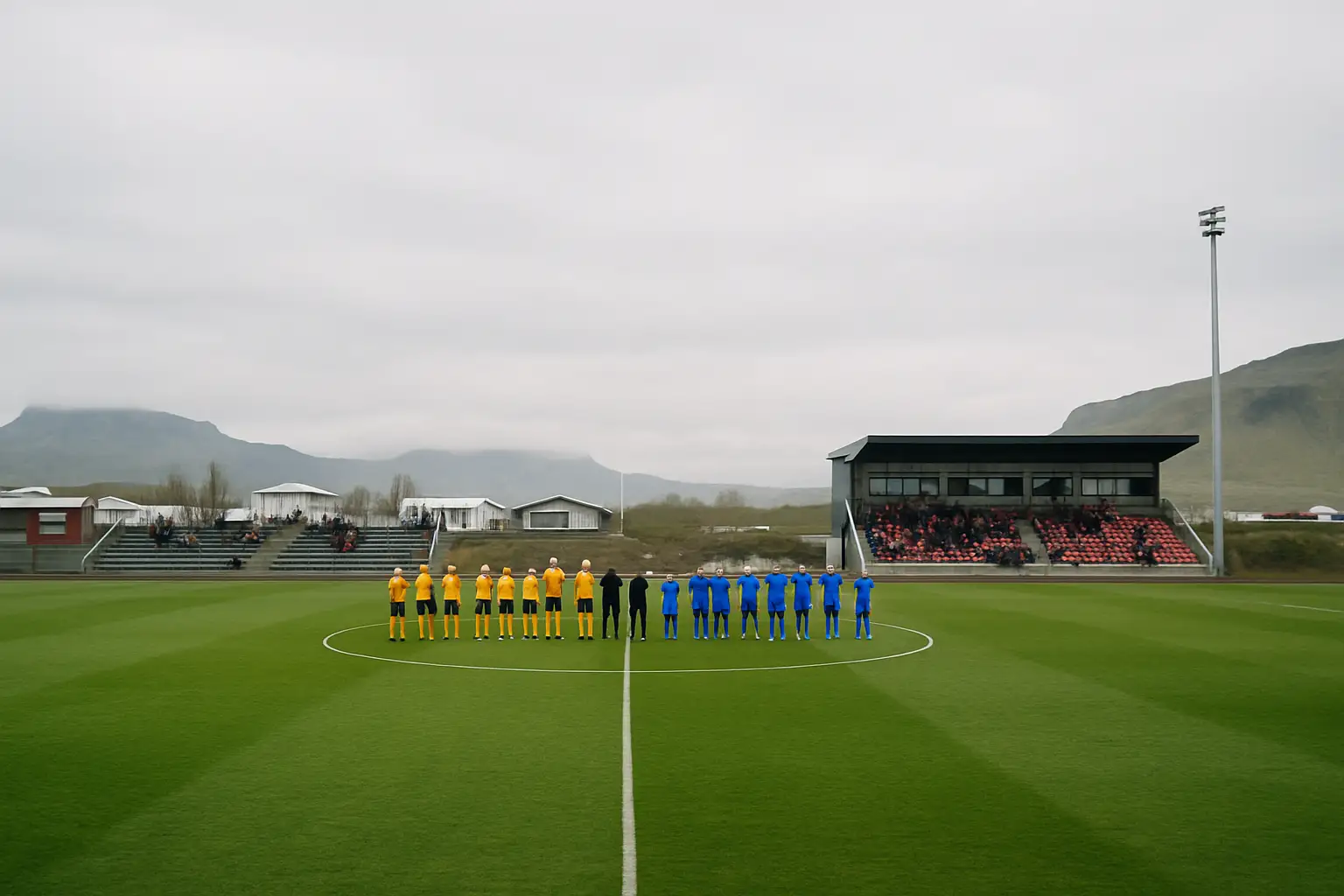 Two football teams preparing to kick off on a green pitch under a cloudy northern sky