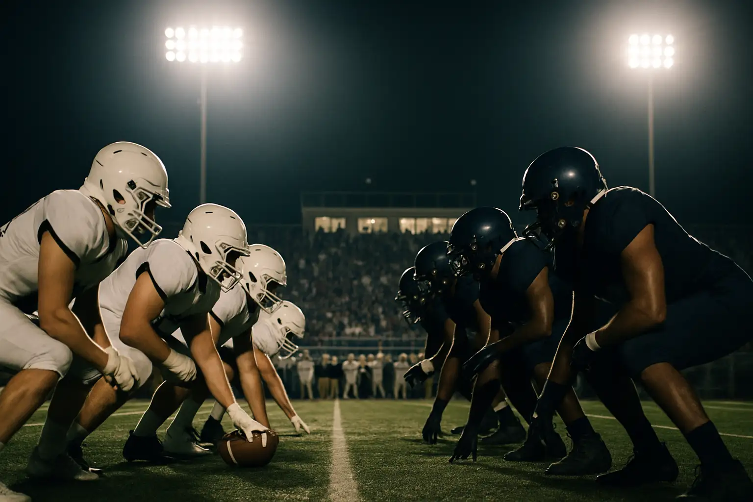 High school football players lined up at the line of scrimmage under Friday night stadium lights