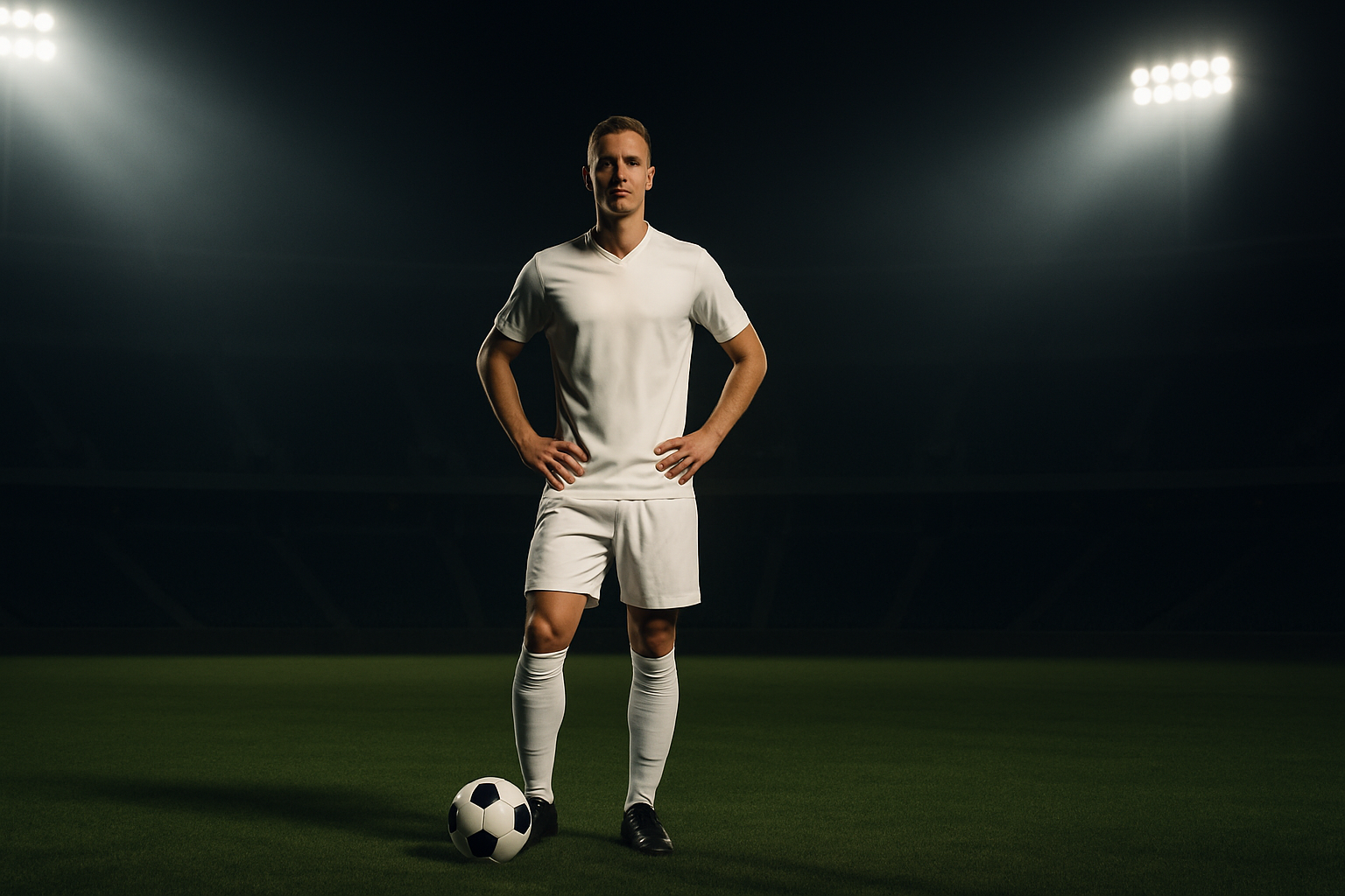 A soccer player in a U.S. national team jersey controlling the ball on a World Cup pitch under stadium lights