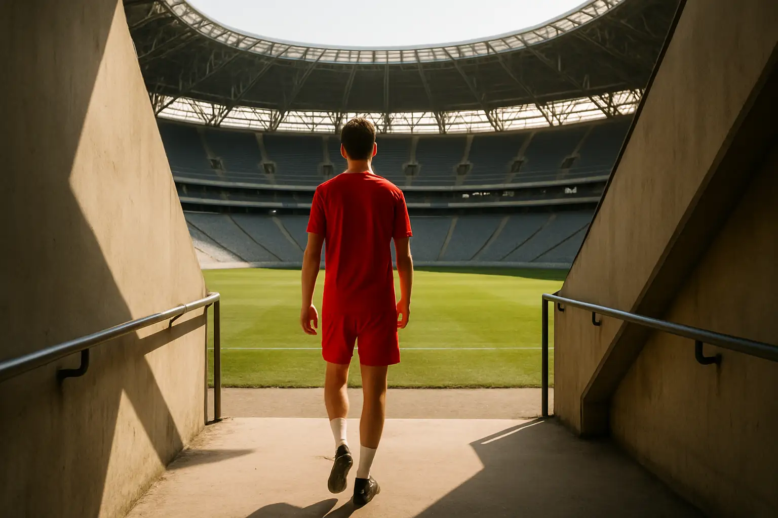 A young footballer in training gear walking onto a pitch at a large European stadium