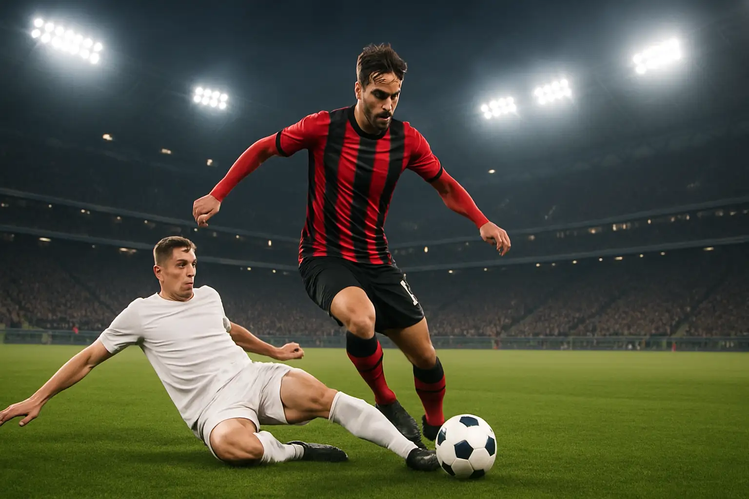 A soccer winger in red and black kit driving past a defender in an Italian stadium