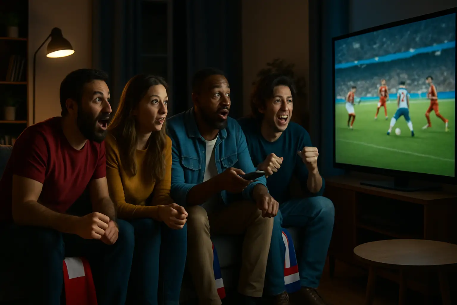 Football fans watching a live match on a laptop streaming platform at home