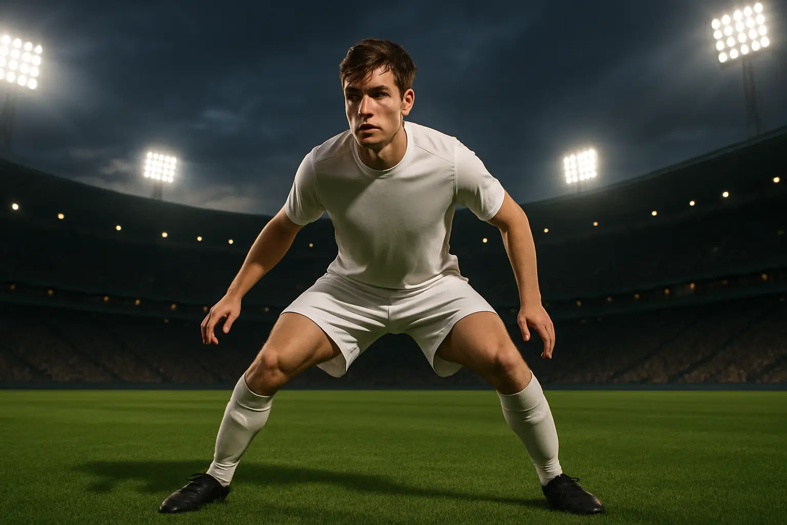 A young footballer in a white jersey defending against an opponent on a large international stadium pitch