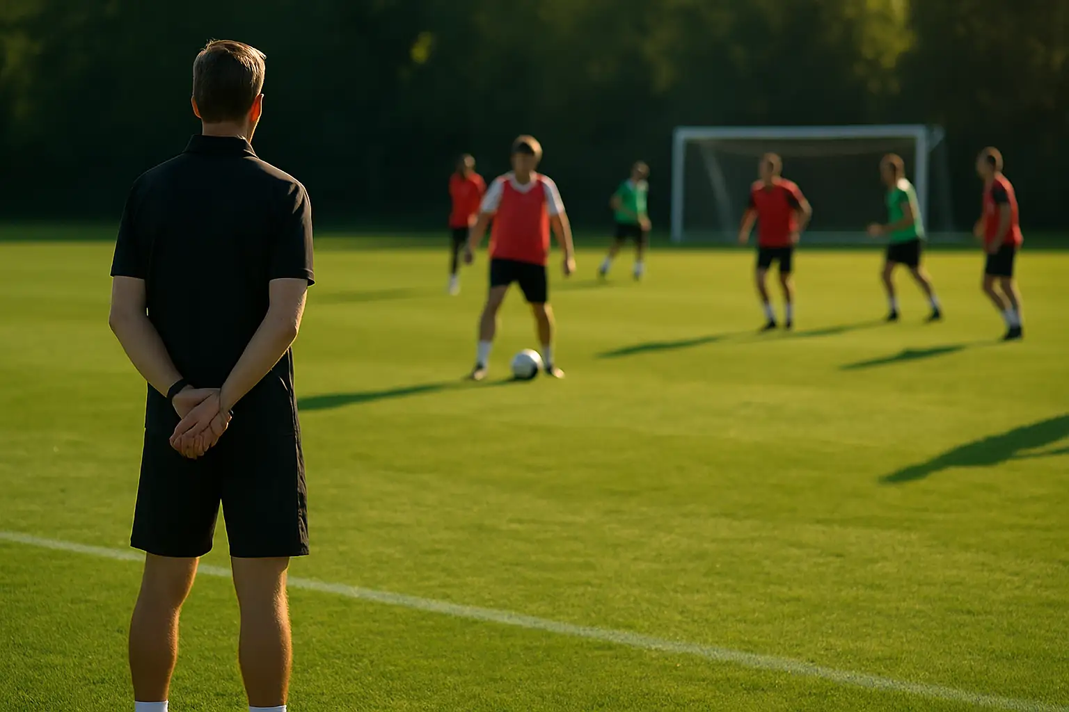 Brazil football coach standing calmly on the training ground watching players practice