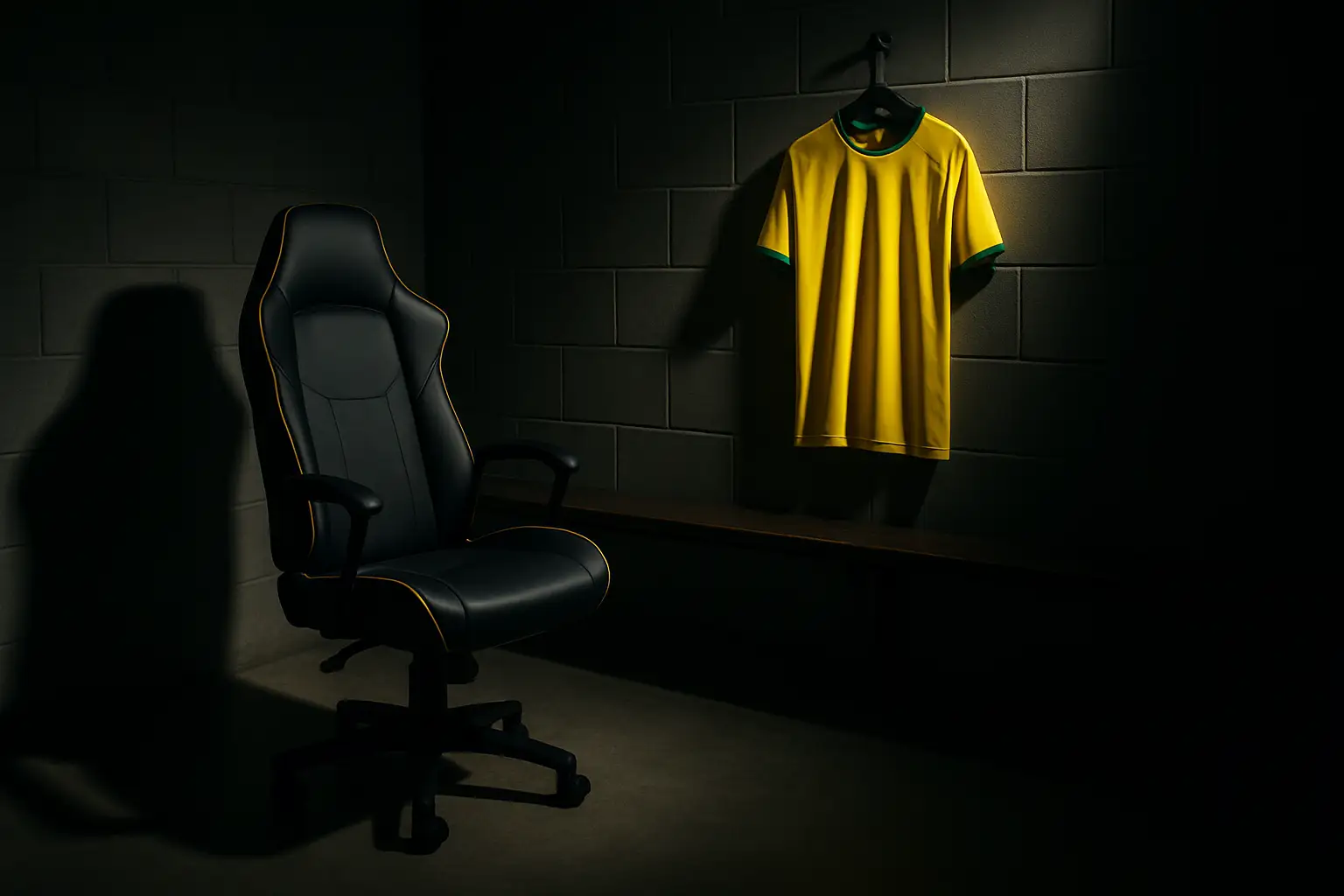 Brazil football jersey hanging in a locker room with an empty coaching chair in the foreground