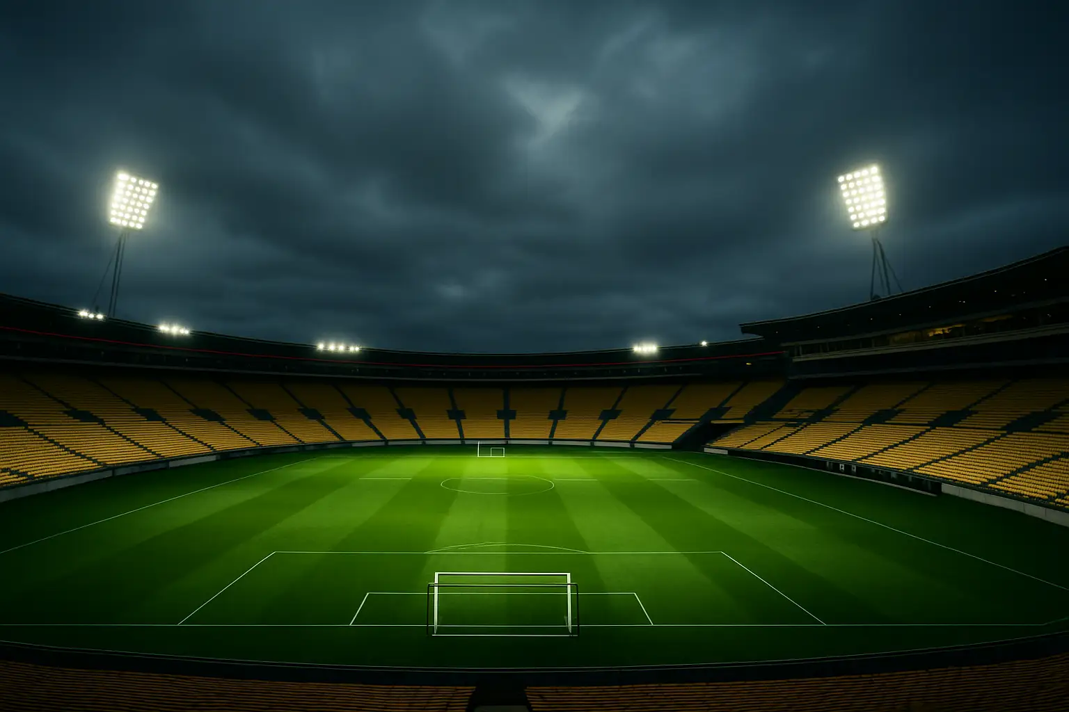 A football pitch in New Zealand at dusk with empty stands and goalposts under a cloudy sky