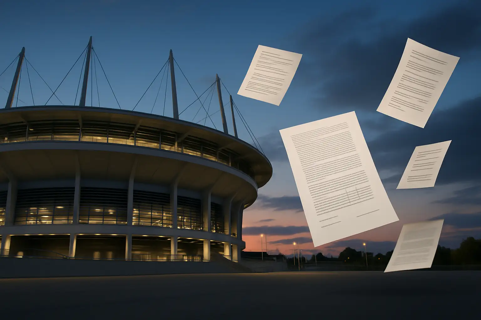 A football stadium viewed from outside with symbolic commercial signage and a governing body atmosphere