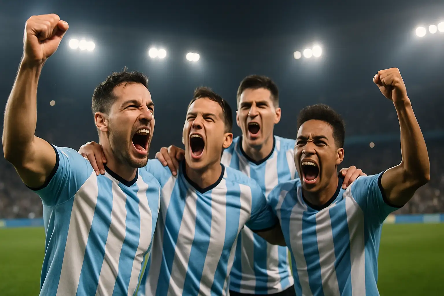 Argentina players celebrating a late goal during a 2026 FIFA World Cup match