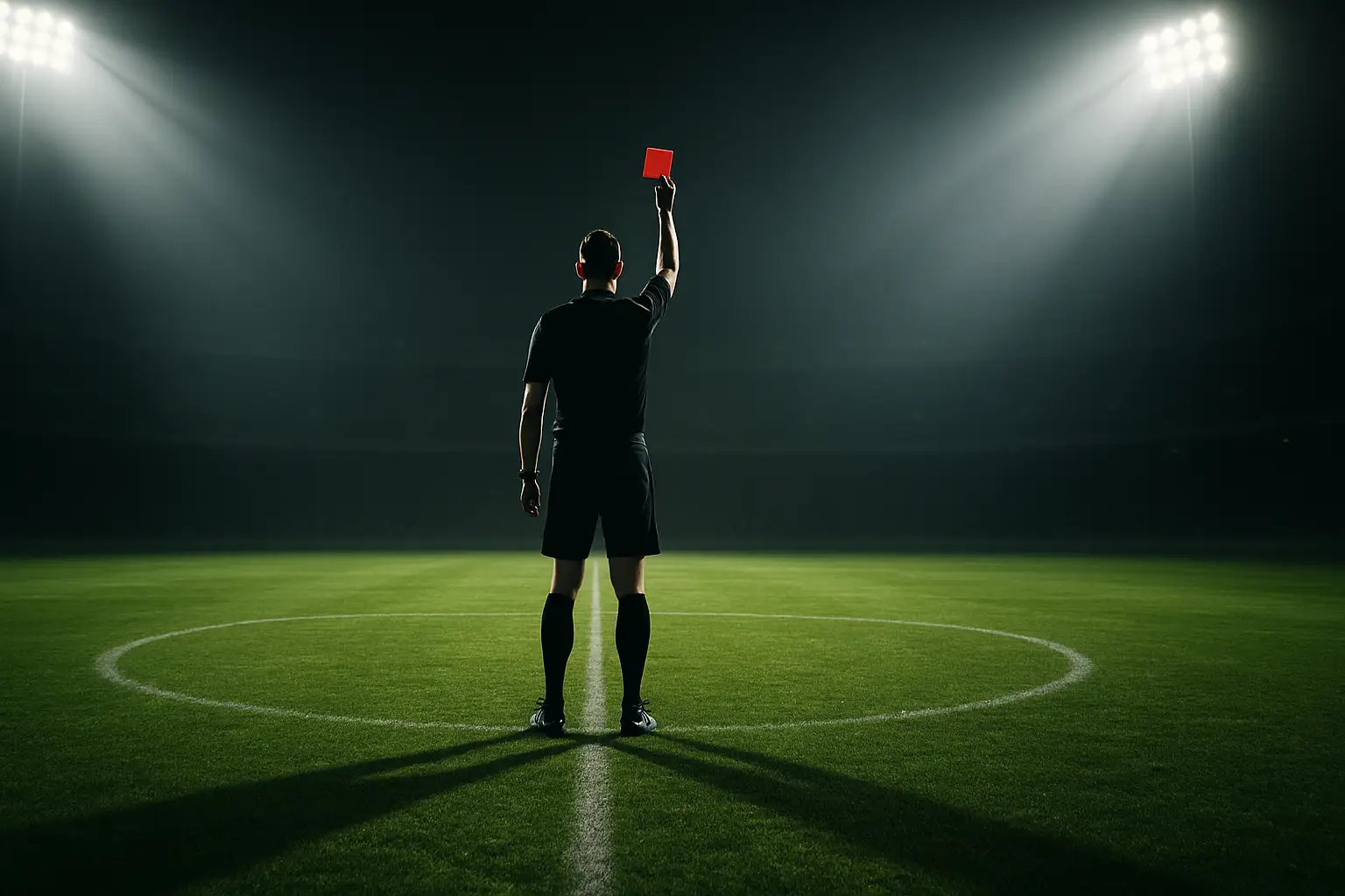 A football referee holding up a red card on a green pitch during an international match