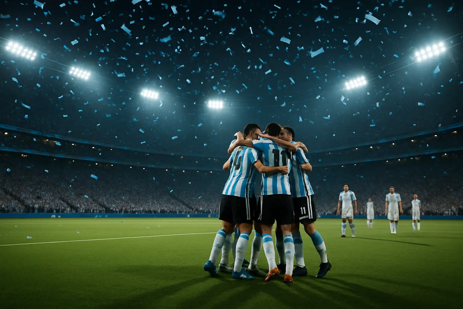 Argentina players celebrating a comeback goal against England in the FIFA World Cup 2026 semifinal