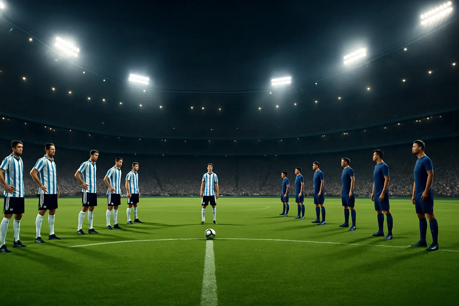 Argentina and Cape Verde football players facing off on a World Cup pitch under stadium lights