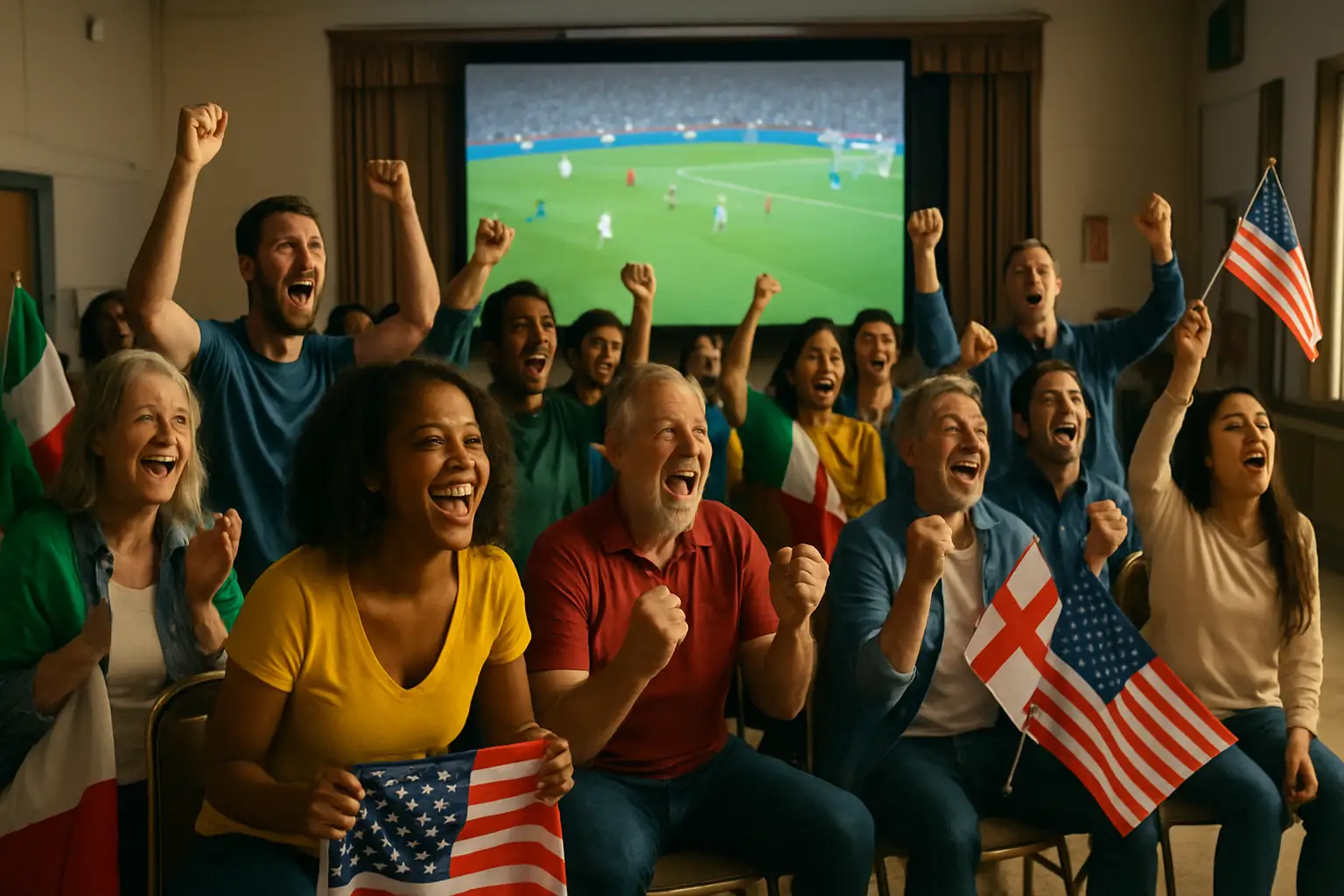 Football fans watching a World Cup match together on a large screen with flags and jerseys
