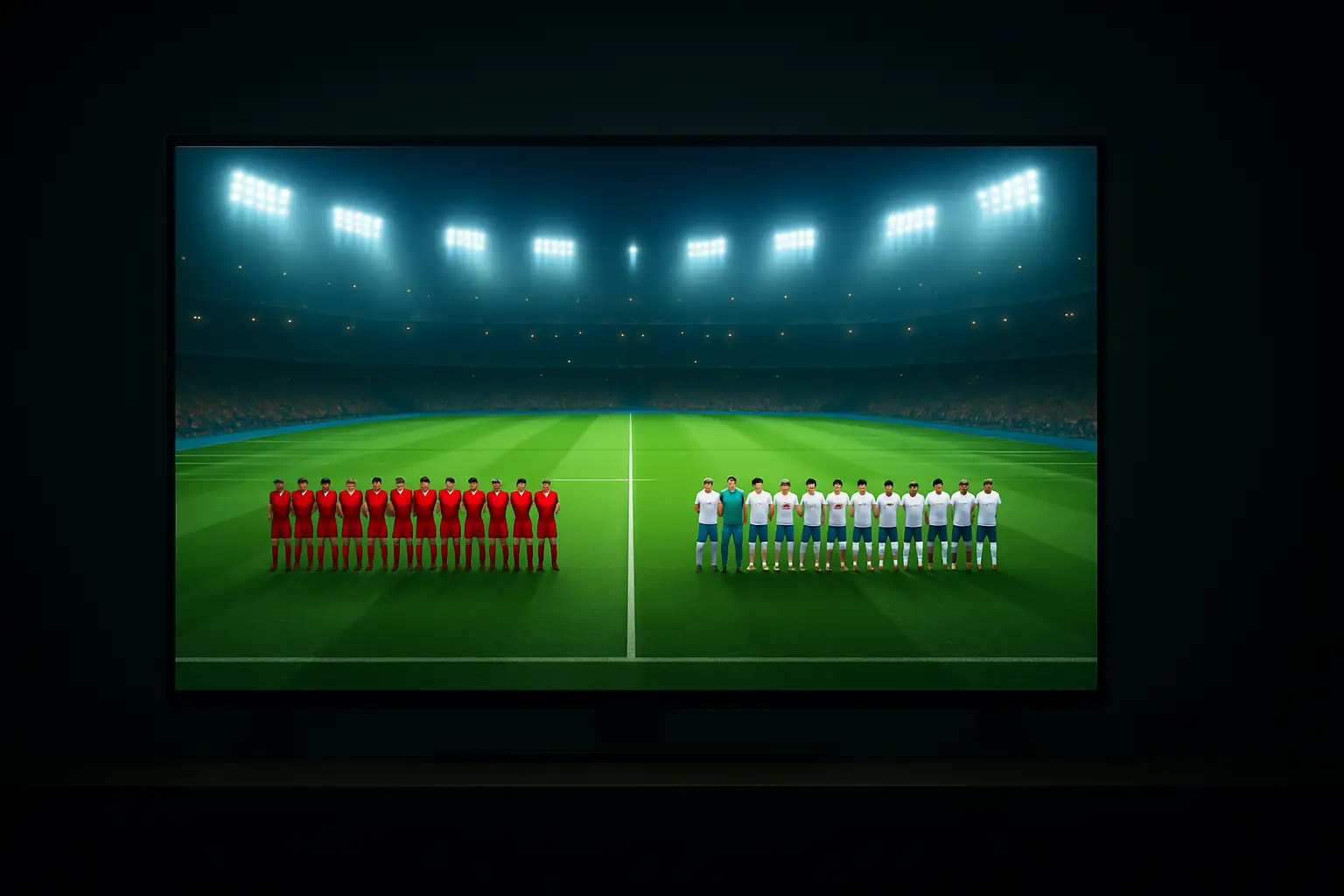 A football simulation screen showing two national teams facing off in a World Cup group stage match