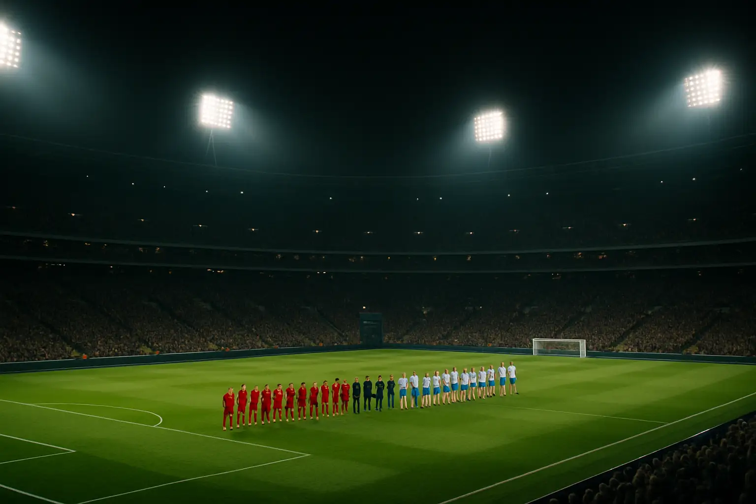 Football stadium at night with a packed crowd during a major international match