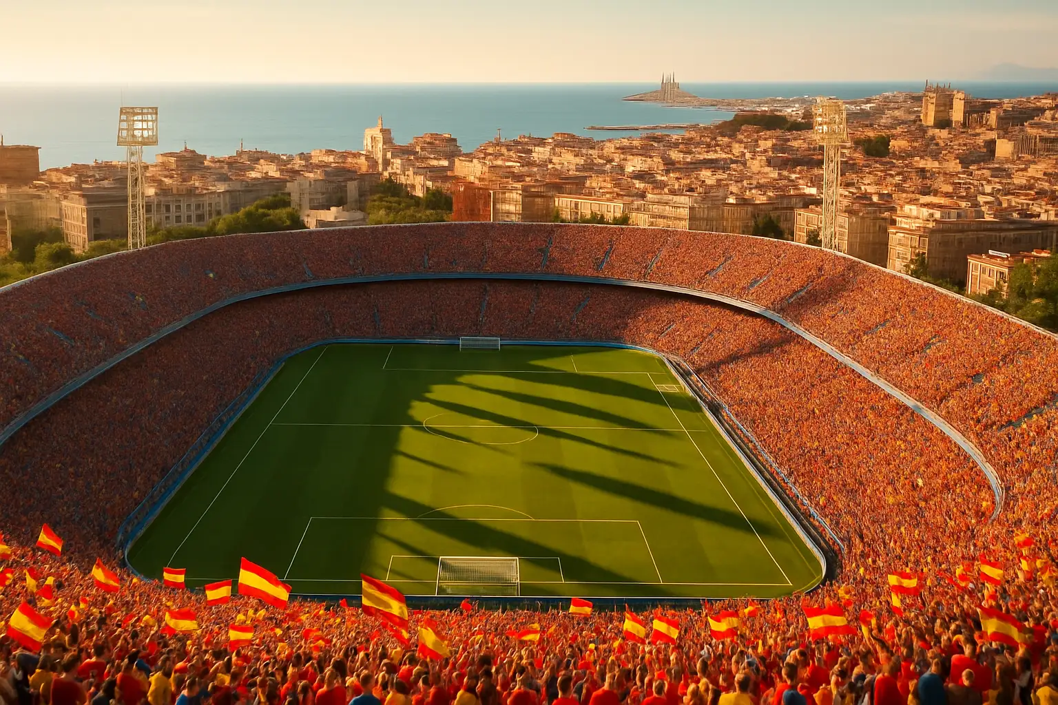 Football stadium at sunset with flags of Argentina and Cape Verde displayed by supporters in the stands