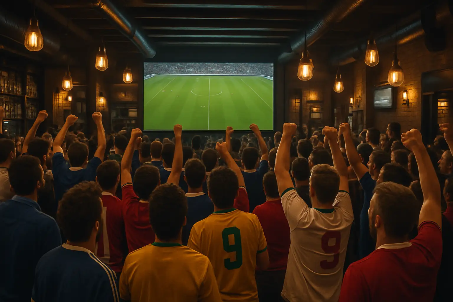 Football fans watching a World Cup match on a large screen in a packed venue