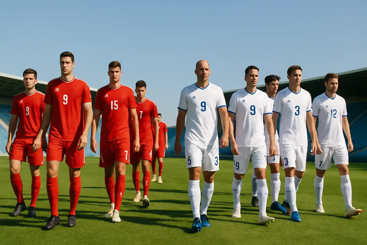 Football players from two national teams walking onto a sunlit pitch before an international friendly match