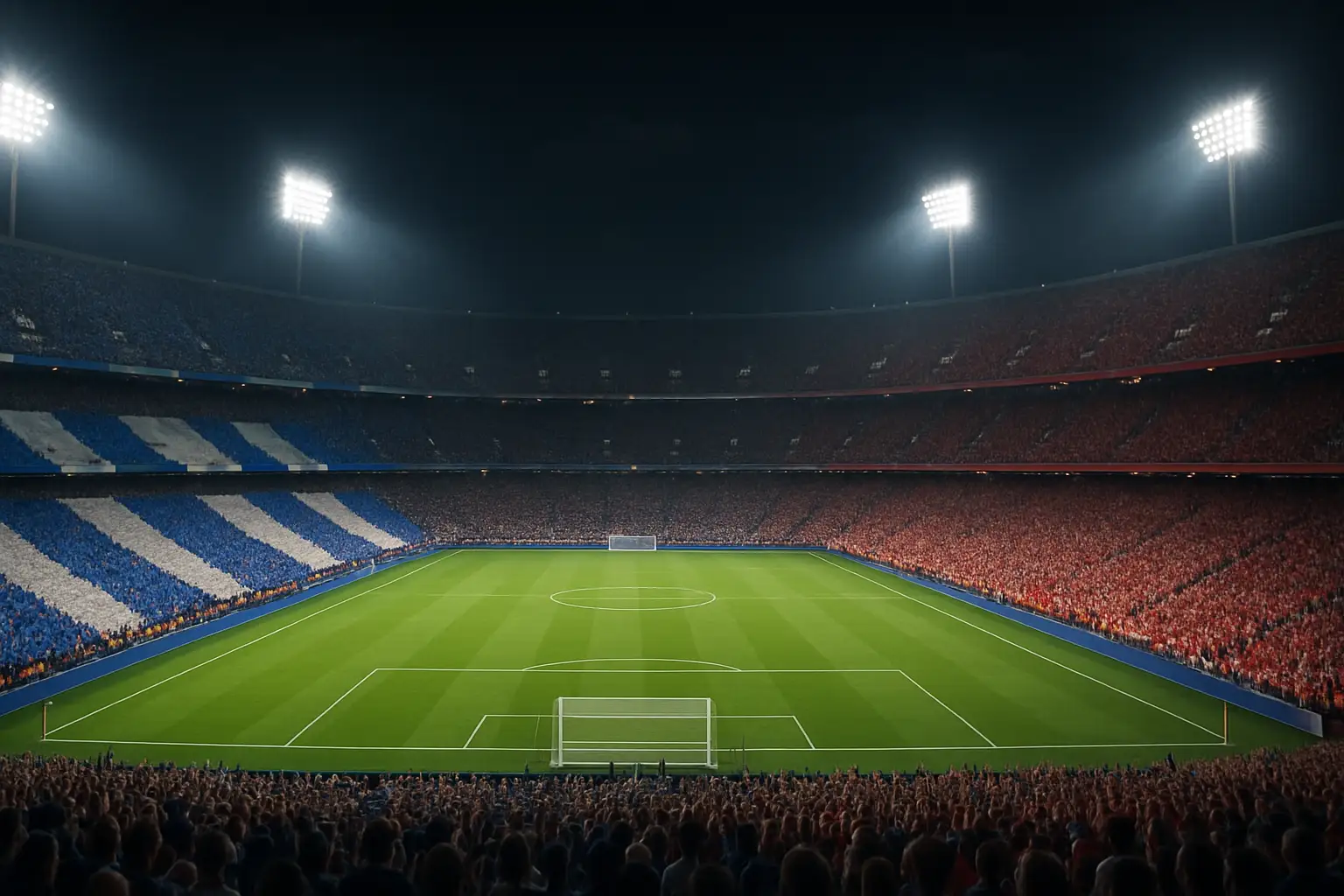 Football fans watching a World Cup match on a large screen in a crowded venue