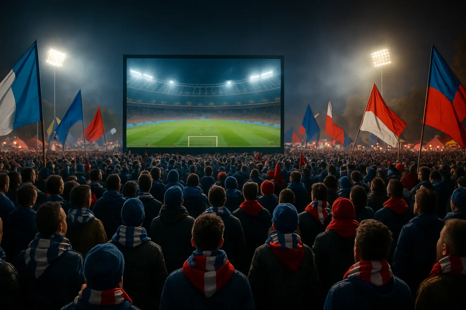Argentina and Switzerland football fans watching a World Cup match on a large screen