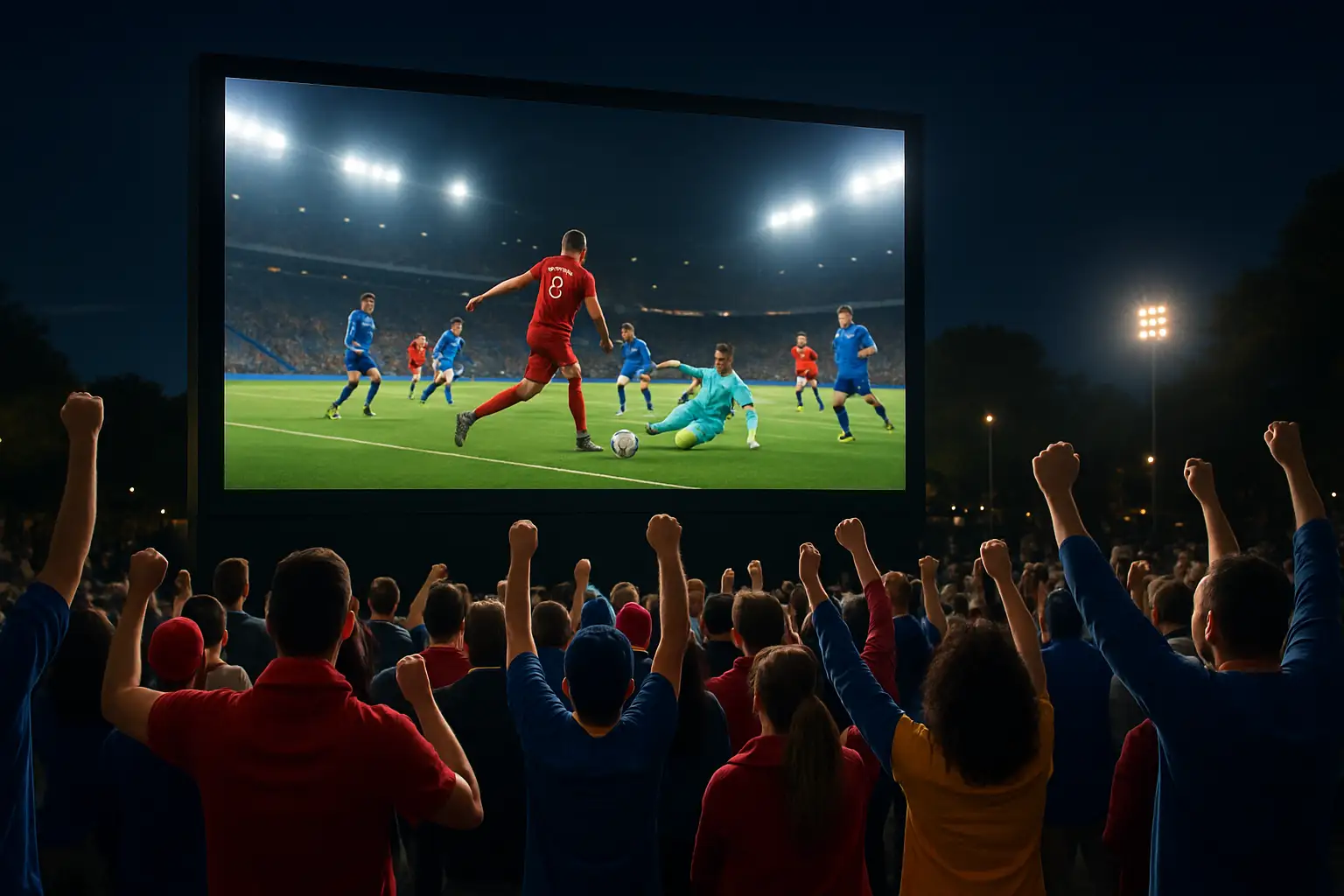 Football fans watching a World Cup match on a large outdoor screen at night