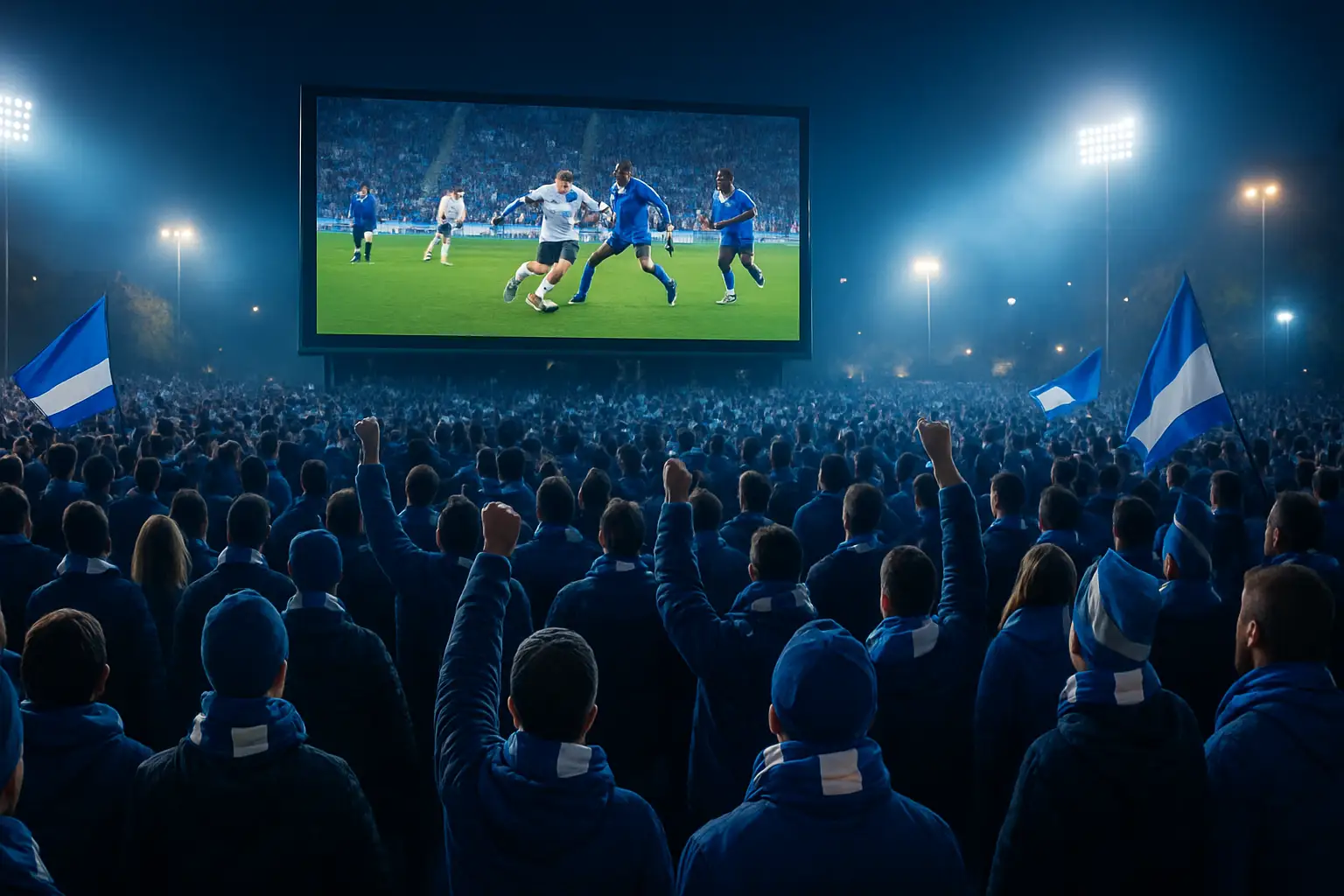 Football fans watching a World Cup quarter-final match on a large screen in a packed stadium setting