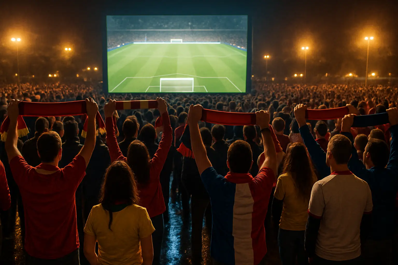 Football fans watching a World Cup match on a large screen in a stadium setting