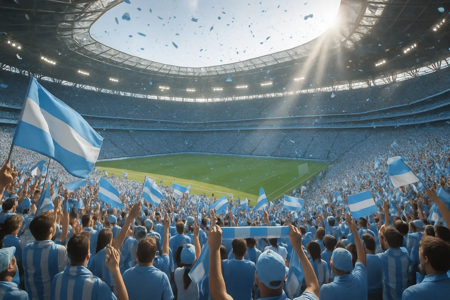 Argentina football fans celebrating with national flags inside a large modern stadium