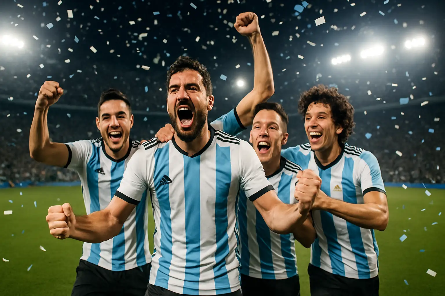 Argentina players celebrating a World Cup knockout round victory on the pitch