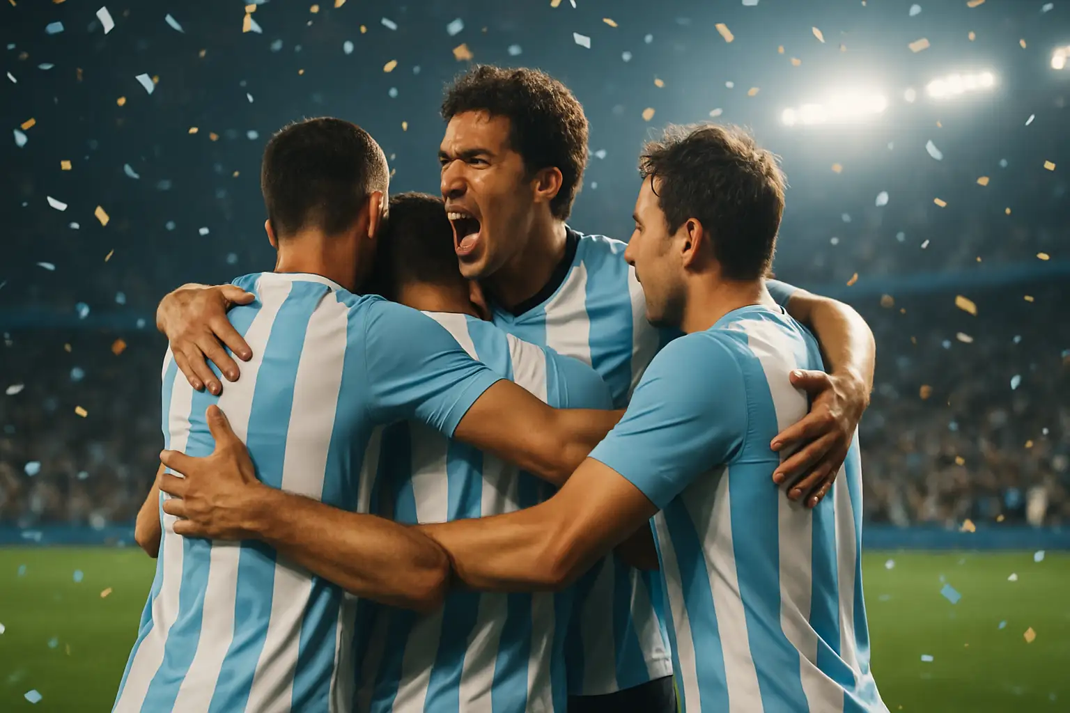 Argentina football players celebrating a World Cup victory on the pitch