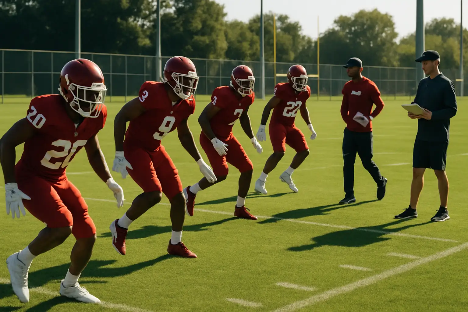Arkansas Razorbacks defensive backs practicing in preseason camp on a sunny field