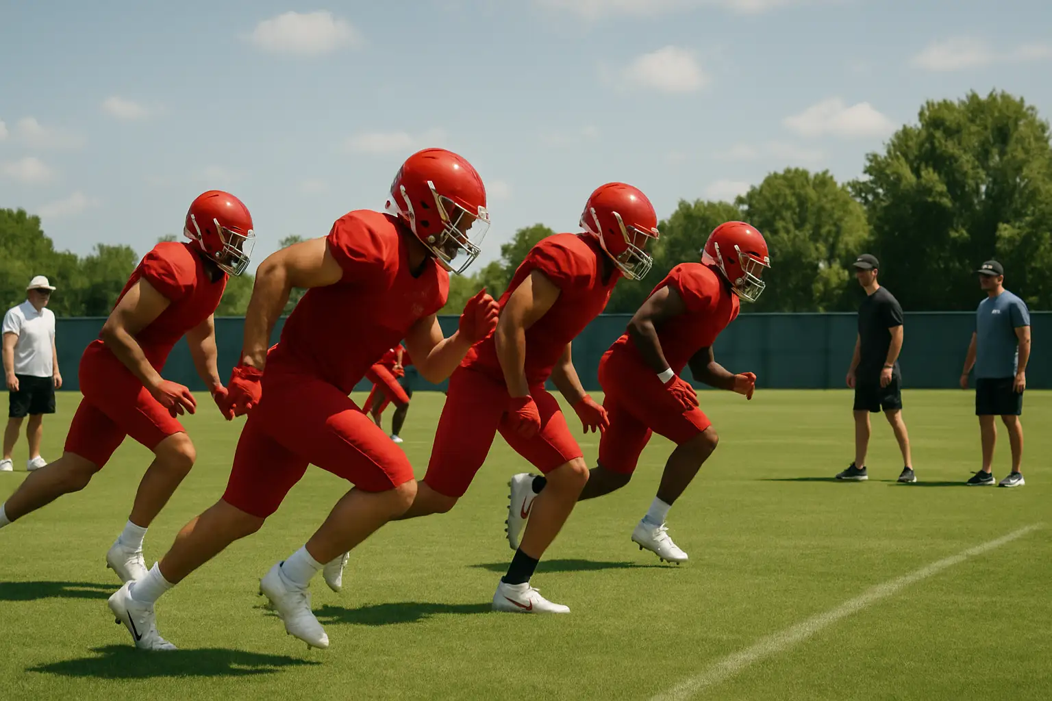 Arkansas football players competing in a practice drill under a summer sky