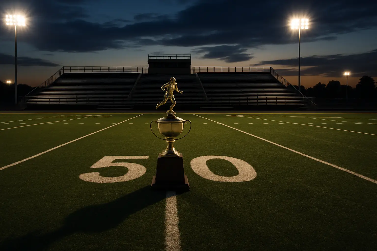 High school football players gathered on a field after a championship game, helmets in hand