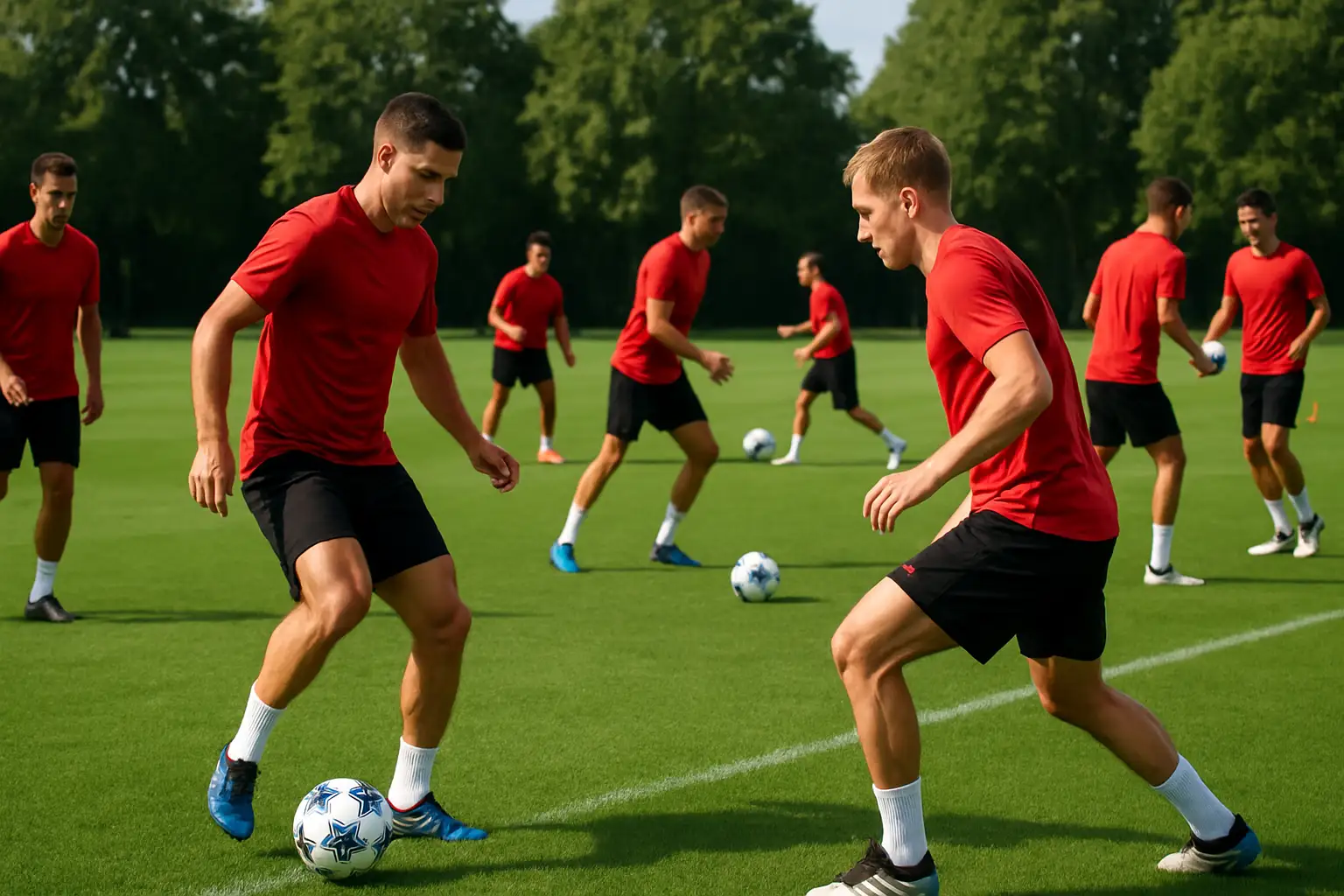 Arsenal football players training on a pitch in preparation for a new season