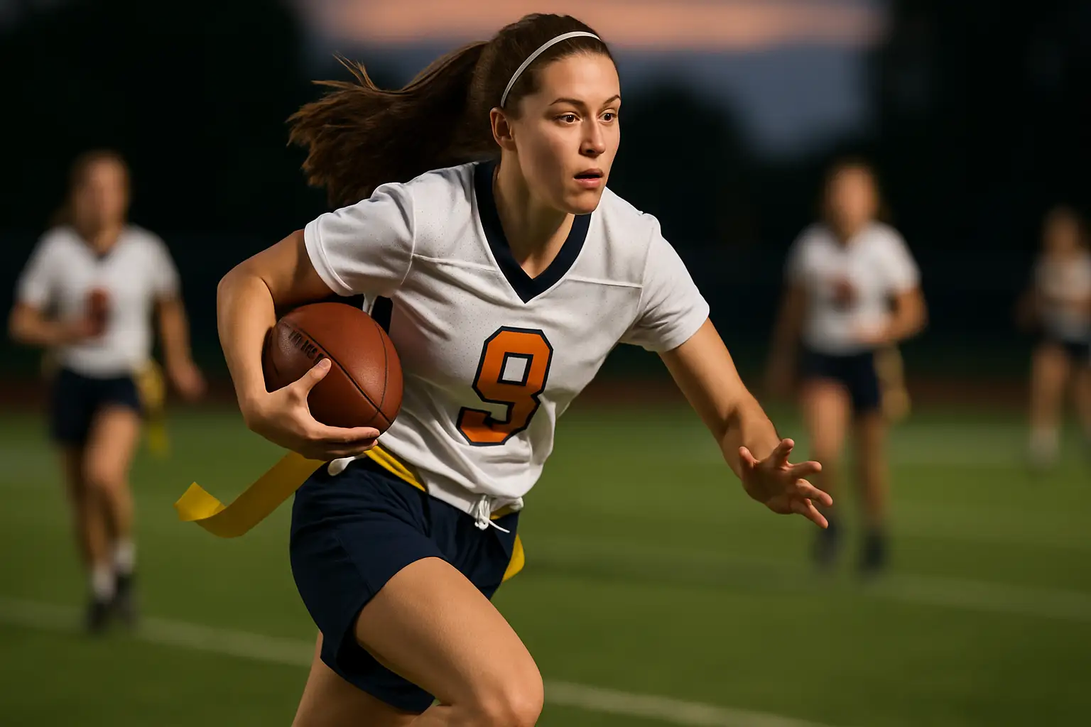 A female high school flag football player sprinting downfield during a game under bright stadium lights