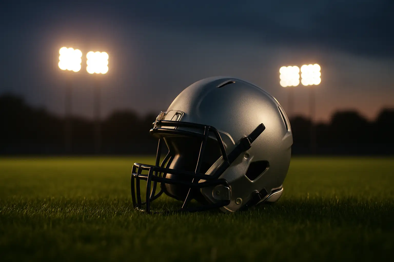 Football helmet resting on a well-maintained grass field at dusk with stadium lights in the background