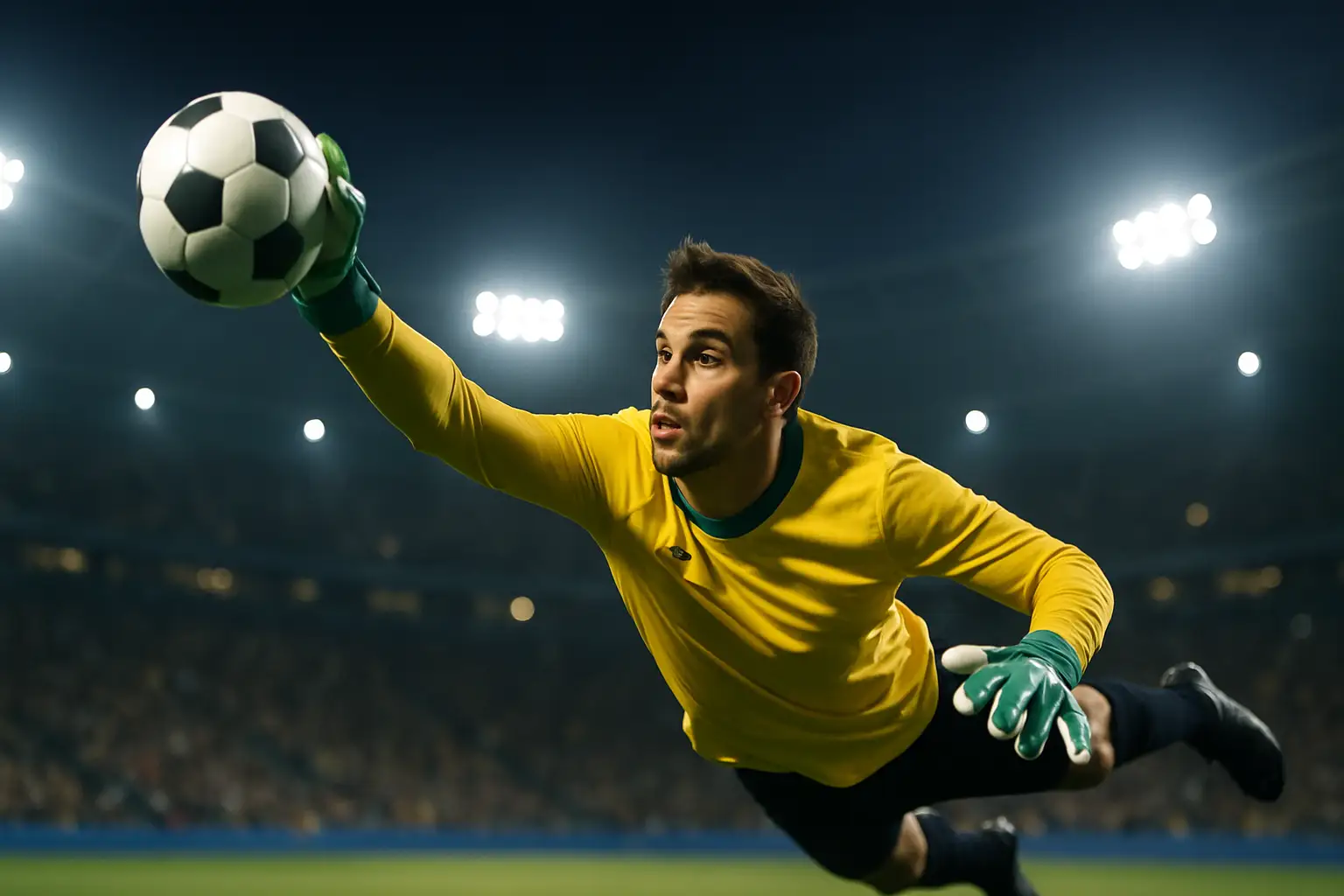 Australian goalkeeper diving full stretch to make a crucial save during a World Cup qualifying match