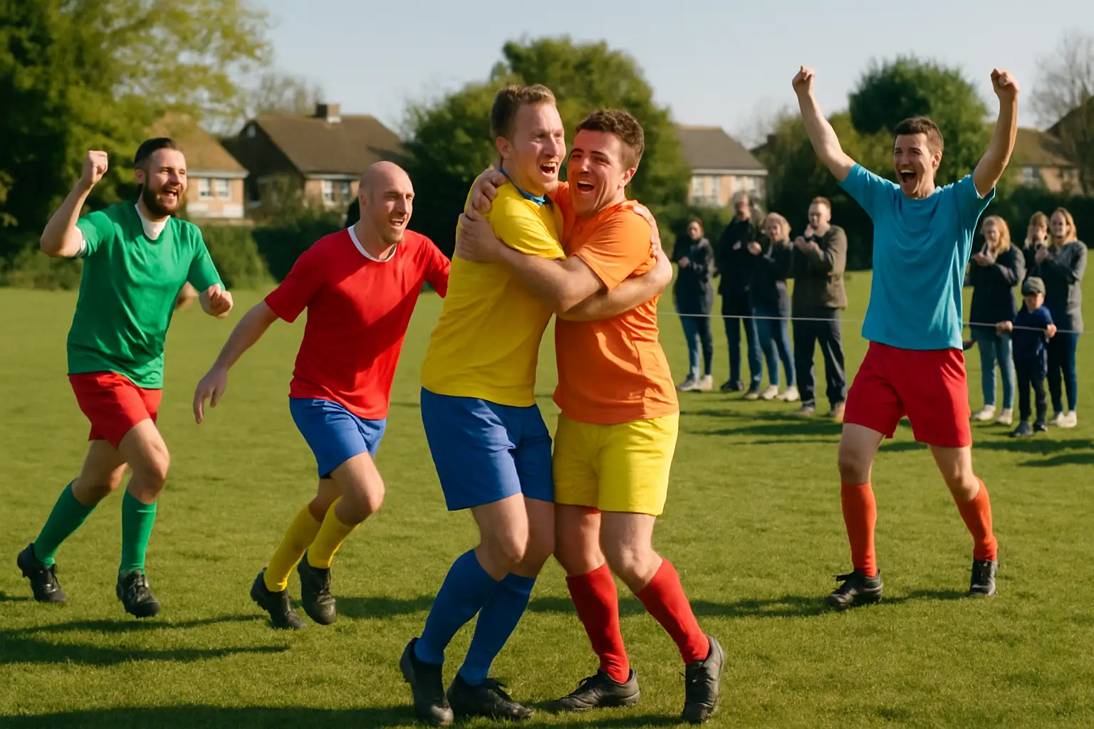 Amateur football players celebrating on a Sunday league pitch in Australia