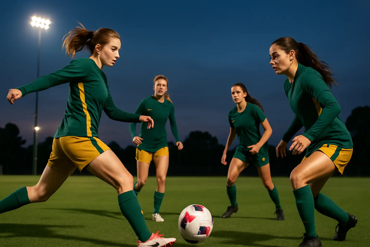 Young Australian women's football players training on a green pitch under bright floodlights