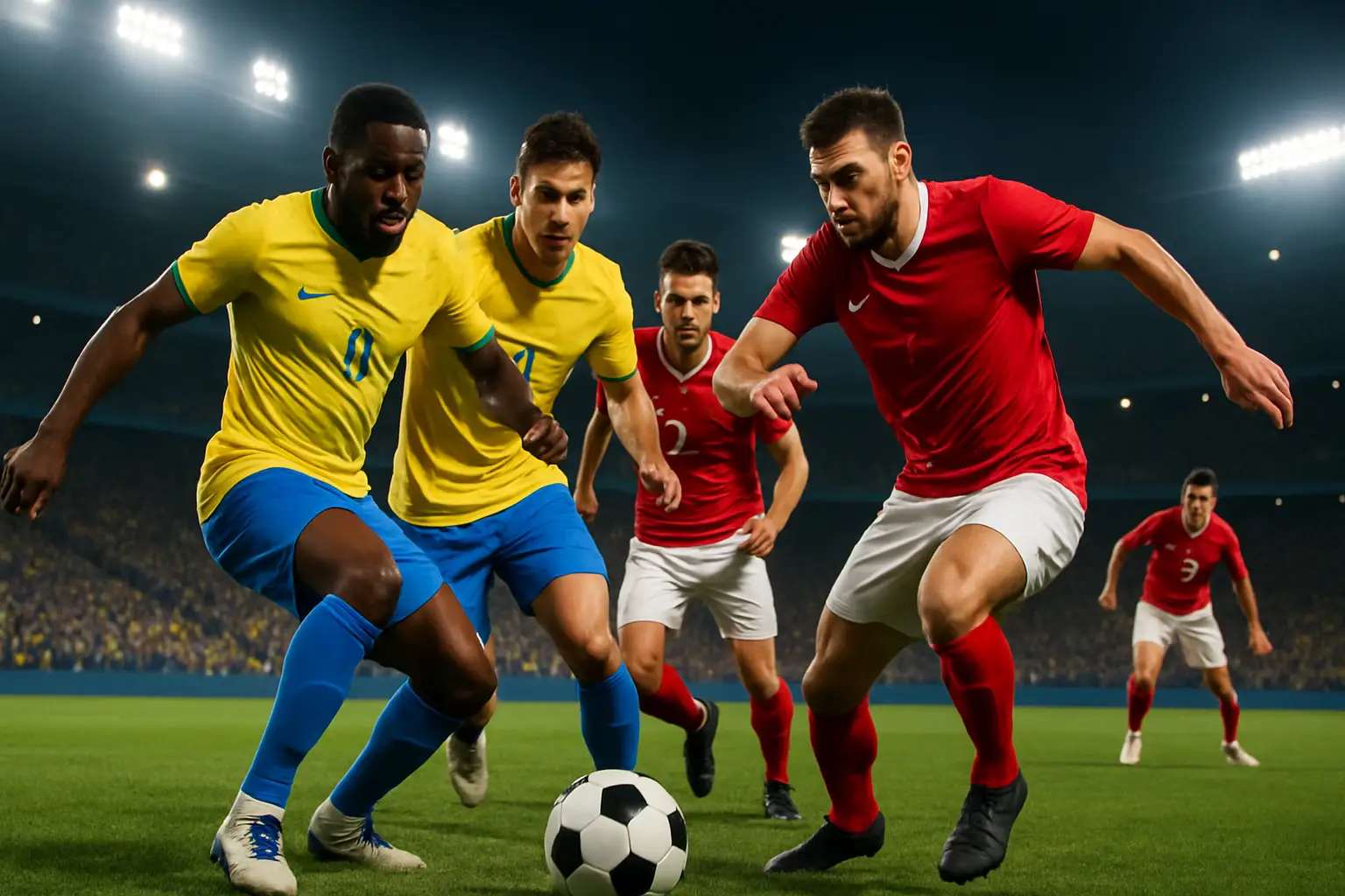 Football players competing in a tense match under stadium floodlights
