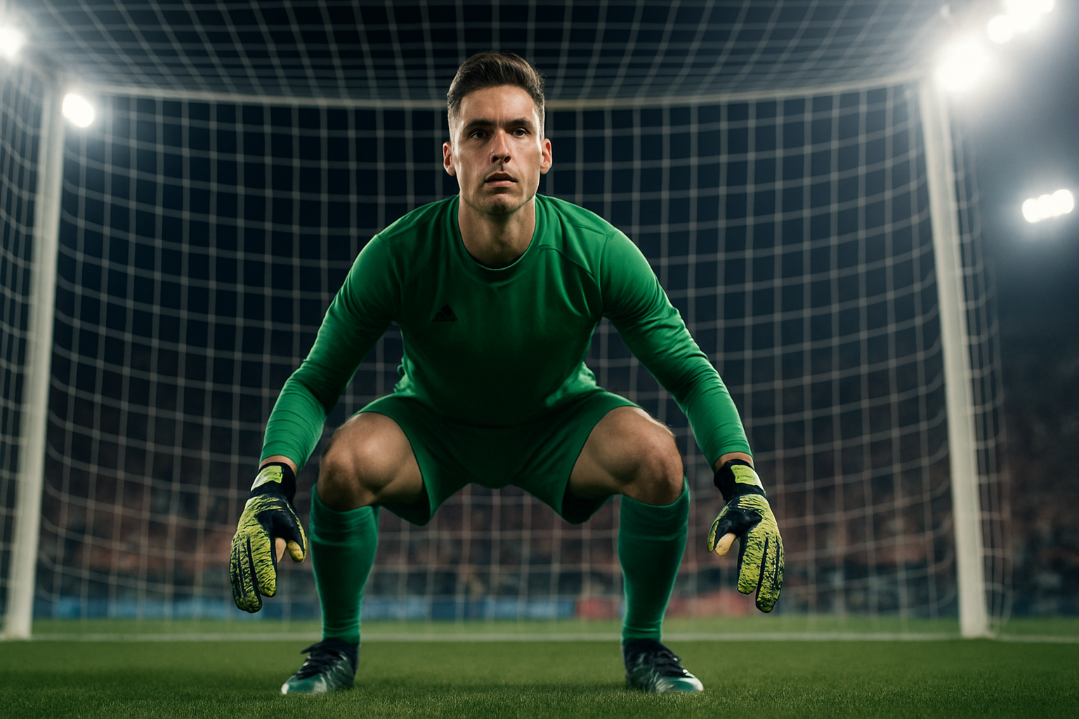A goalkeeper in international kit preparing to make a save during a competitive football match