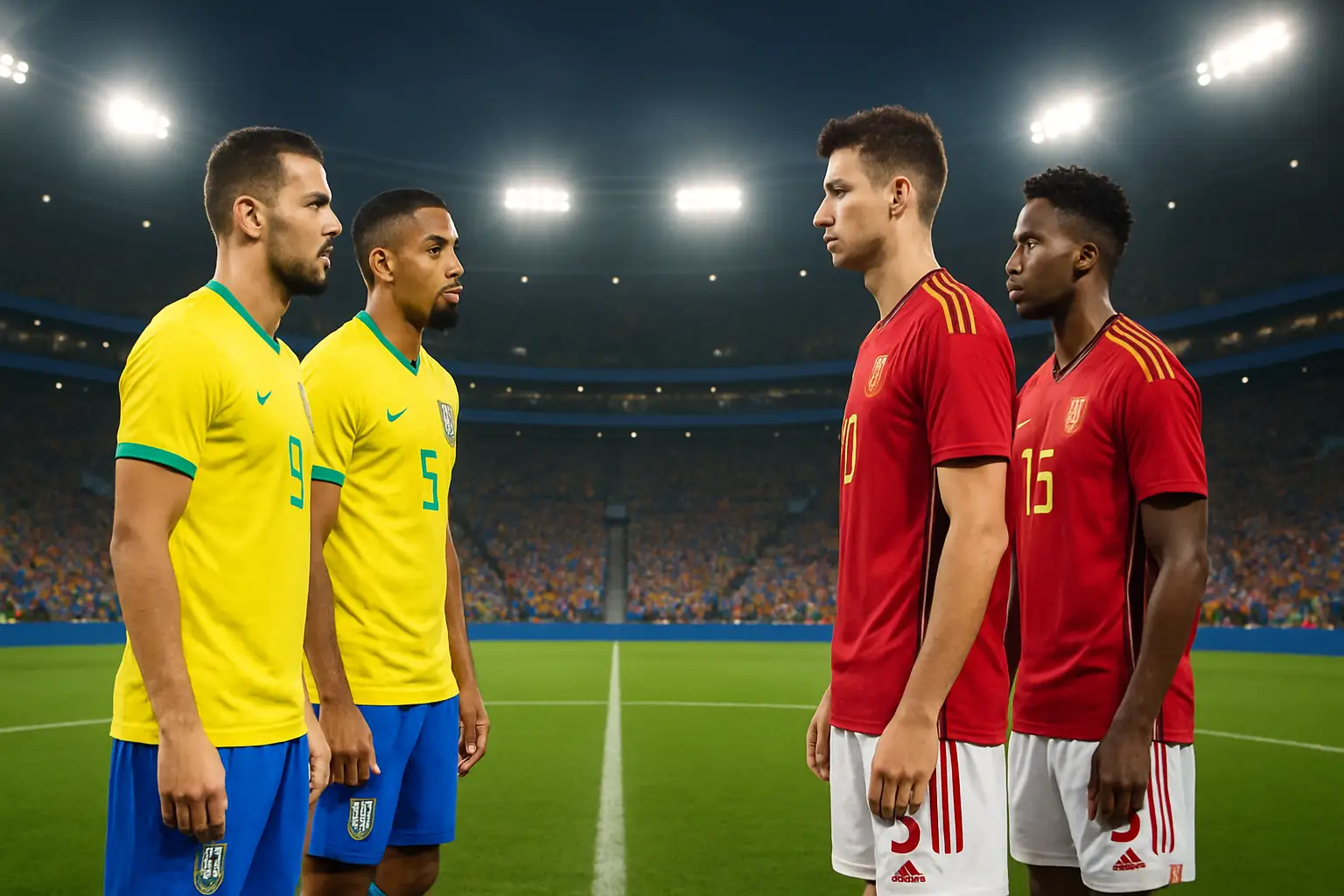 Football players from two international teams competing on a World Cup pitch under stadium lights