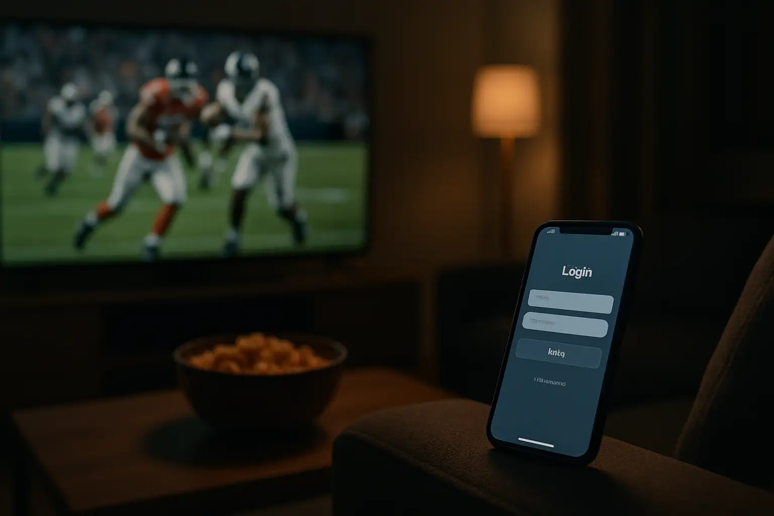 Person on a couch watching football on a smart TV with a smartphone showing a streaming login screen