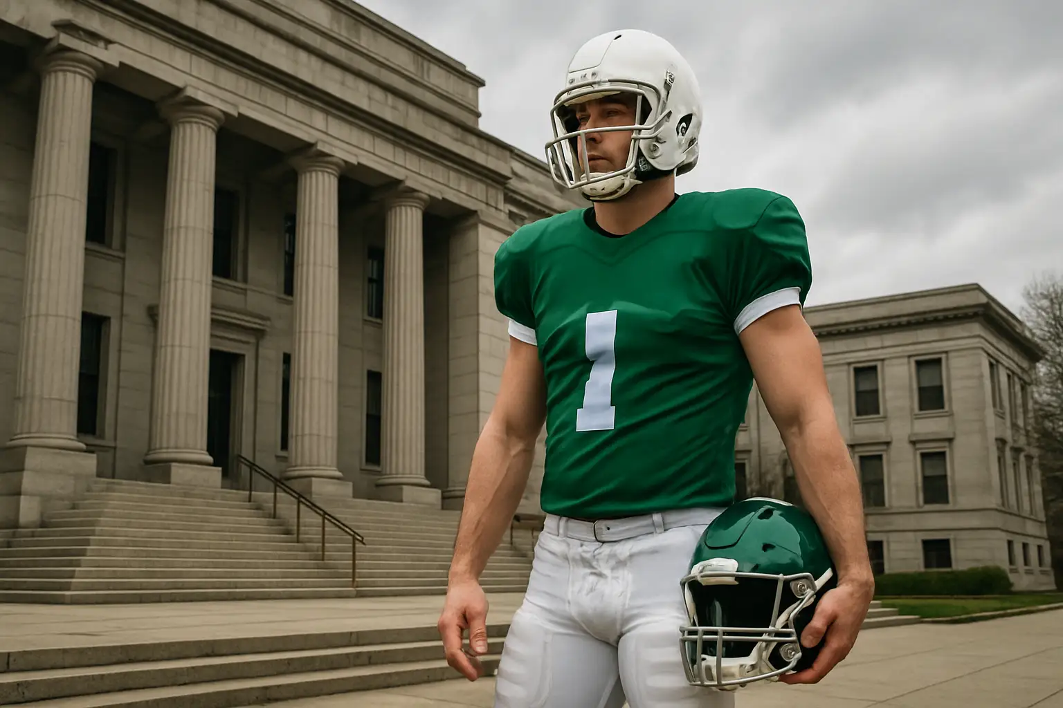 A football player in a university uniform standing near a courthouse entrance