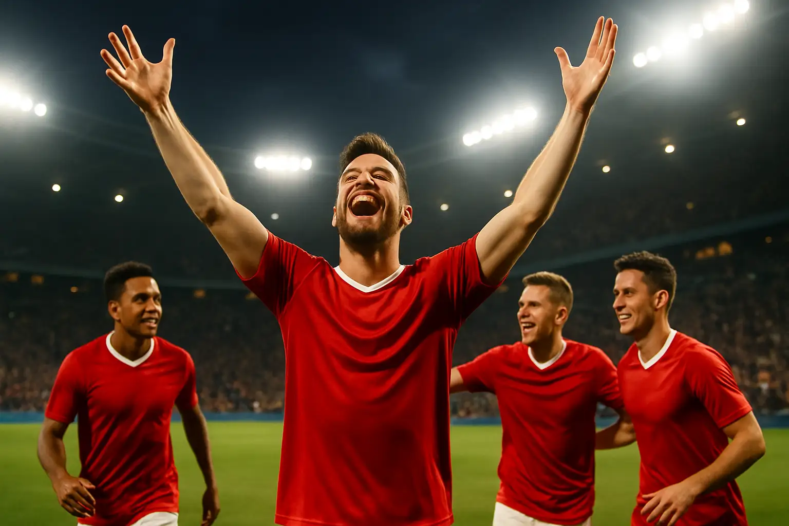 A Moroccan footballer celebrates a goal in front of a packed World Cup stadium crowd
